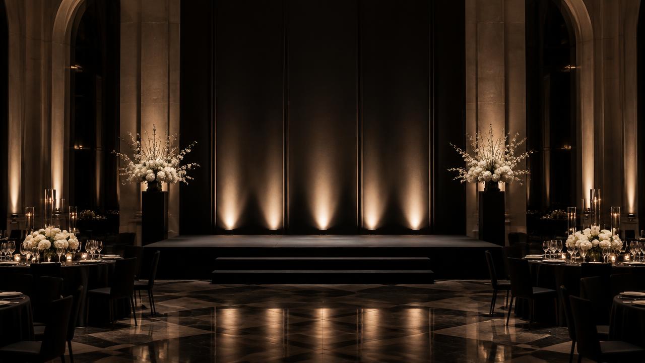 Salle de réception élégante aux lumières champagne